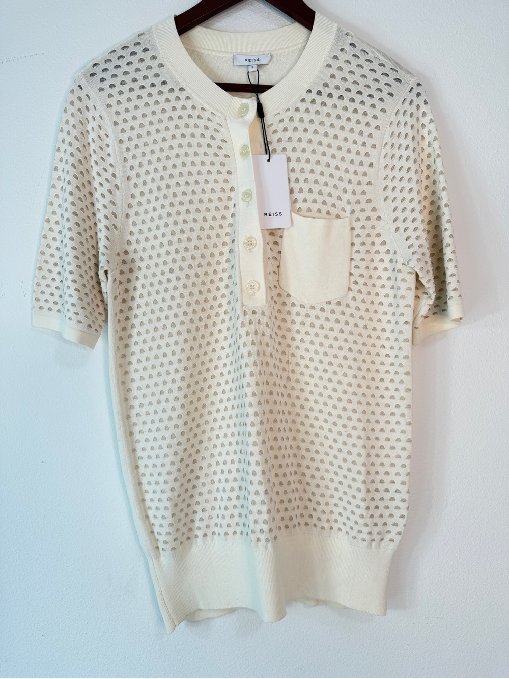 Reiss Coleen‎ Pointelle Polo Knit Top Large Slim Fit Preppy Modern Sporty NWT